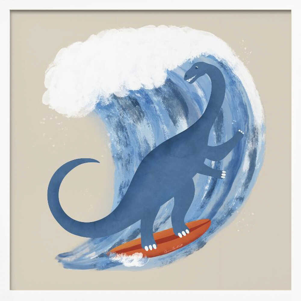 Framed Whimsical Surfing Dinosaur print displayed in a playful kids bedroom.