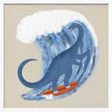 Framed Whimsical Surfing Dinosaur print displayed in a playful kids bedroom.