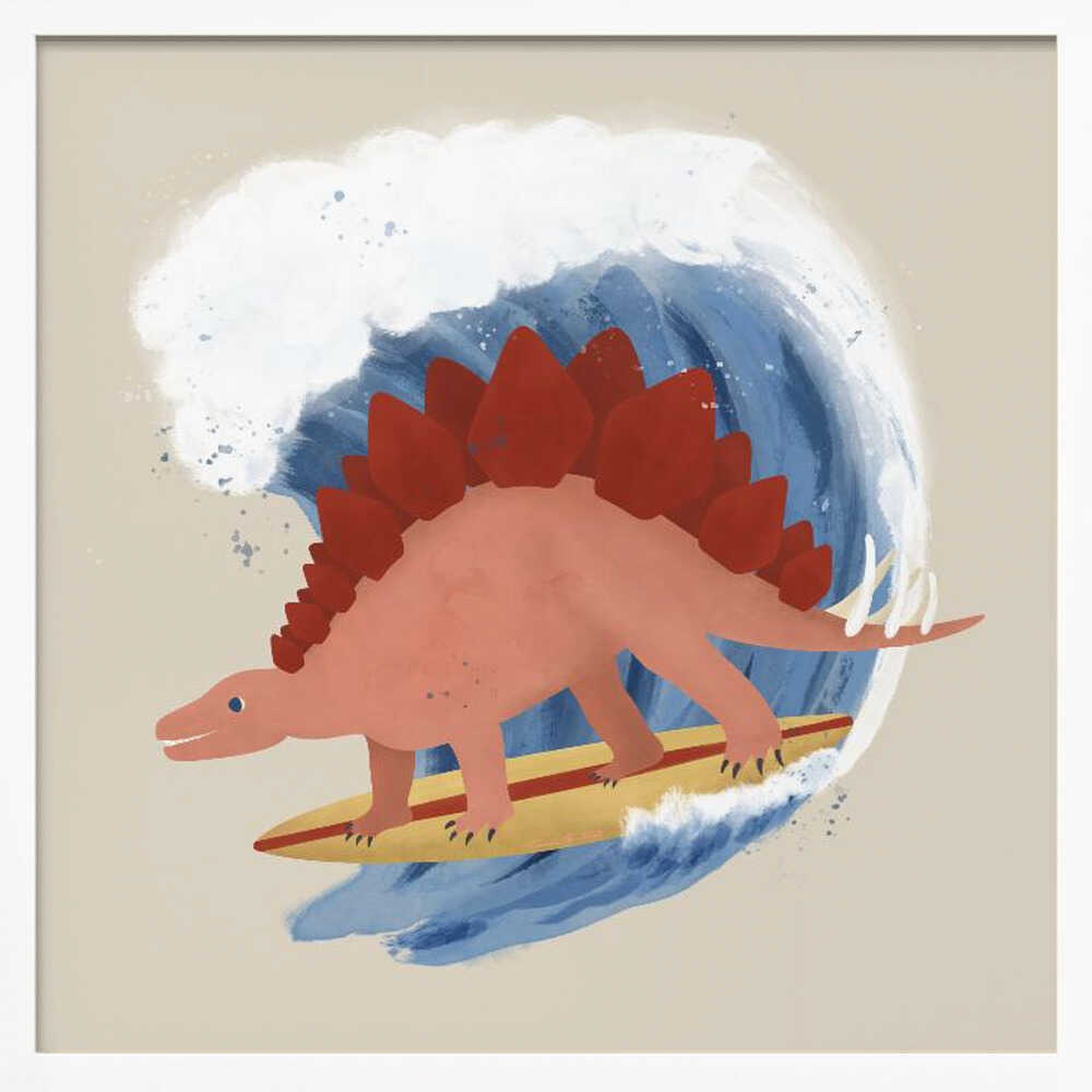 Framed Surfing Stegosaurus dinosaur print displayed in a beach-themed kids room.