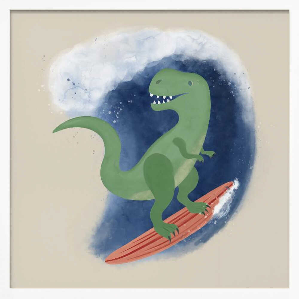 Framed T-Rex Surfing Wave dinosaur print displayed in an adventure-themed kids room.