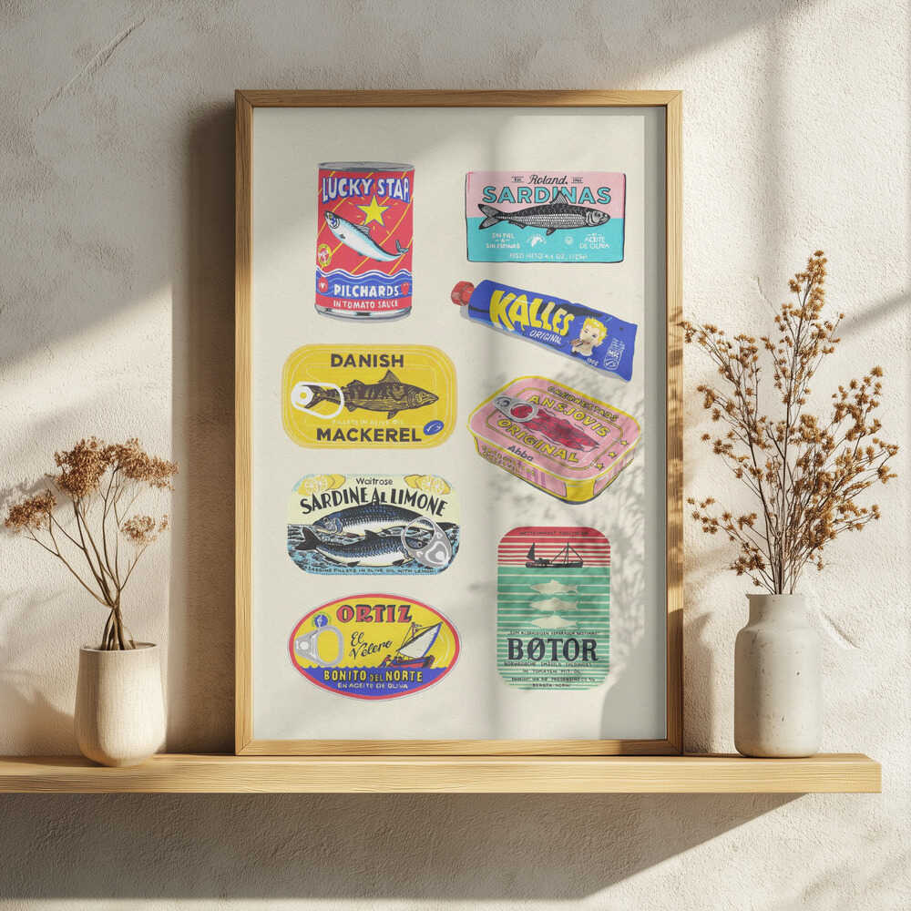 Vintage Seafood Cans Art Print UK — Abstract Vibrant Wall Art — Kitchen — Wall It All Prints