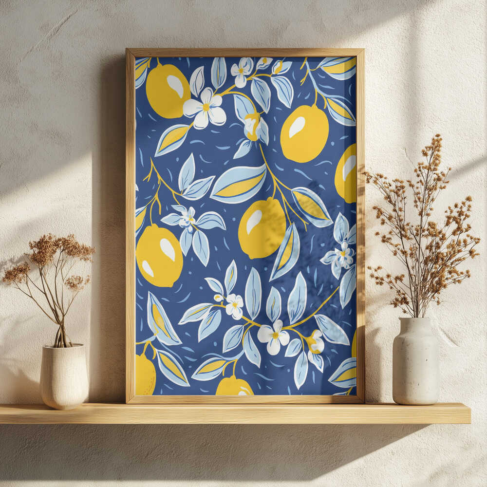 Blue Lemon Pattern Art Print UK — Botanical Vibrant Wall Art — Kitchen — Wall It All Prints