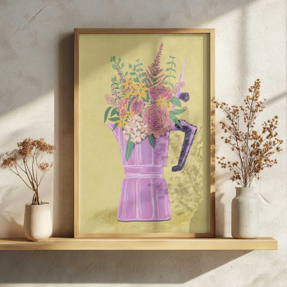 Espresso Maker with Flowers Art Print UK — Botanical Vibrant Wall Art — Kitchen — Wall It All Prints