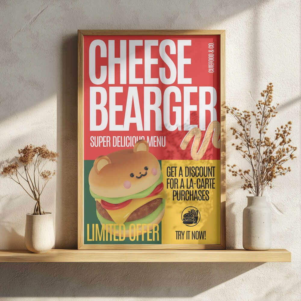 Cute Bear Burger Art Print UK — Food Vibrant Wall Art — Kitchen — Wall It All Prints