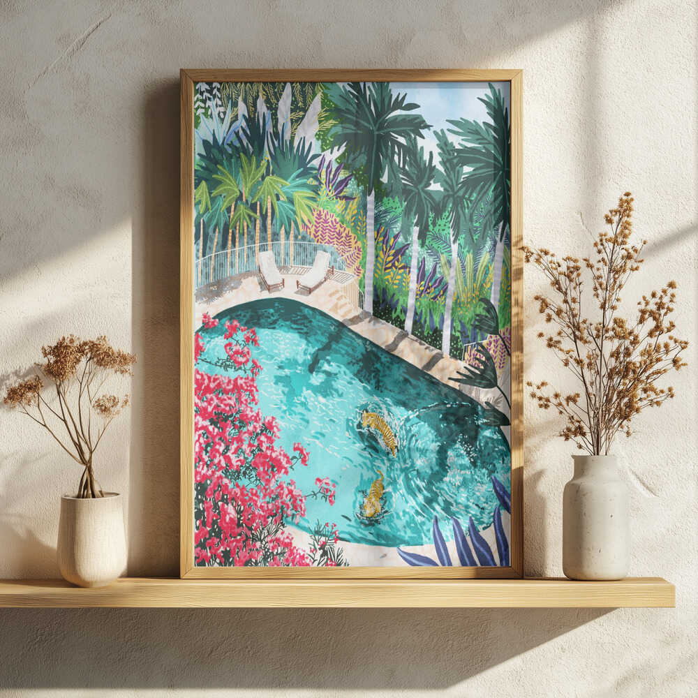 Tigers In Tropical Pool Art Print UK — Botanical Vibrant Wall Art — Living Room — Wall It All Prints