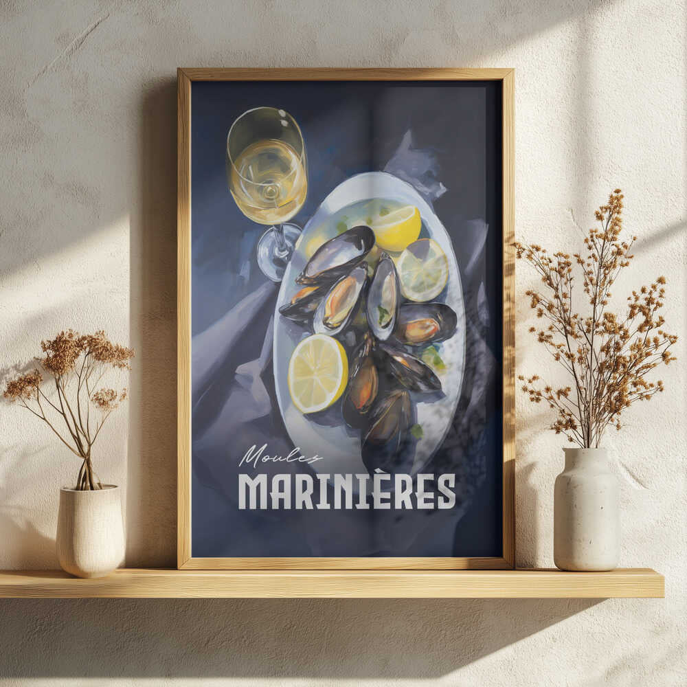 Classic Mussels and Wine Art Print UK — Dark Moody Dark Wall Art — Kitchen — Wall It All Prints
