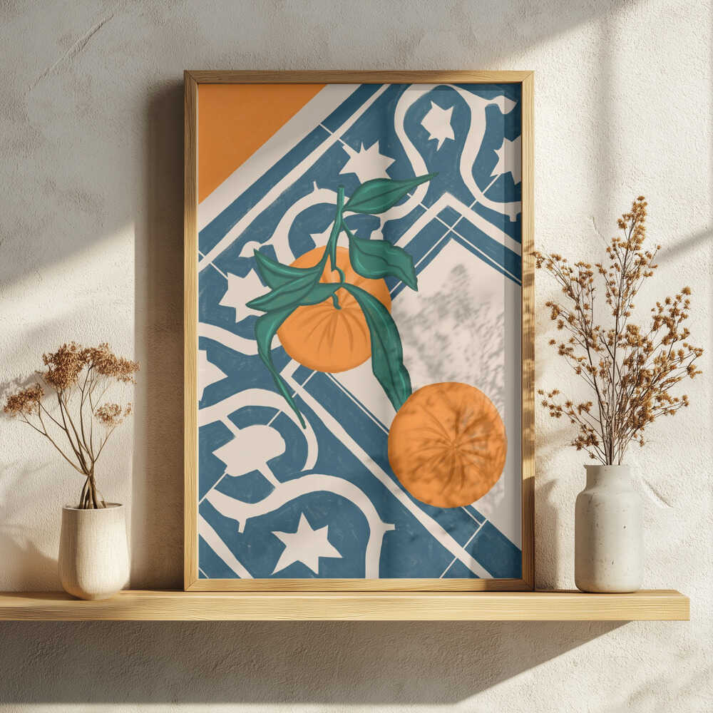 Fresh Oranges Blue Tiles Art Print UK — Food Vibrant Wall Art — Kitchen — Wall It All Prints