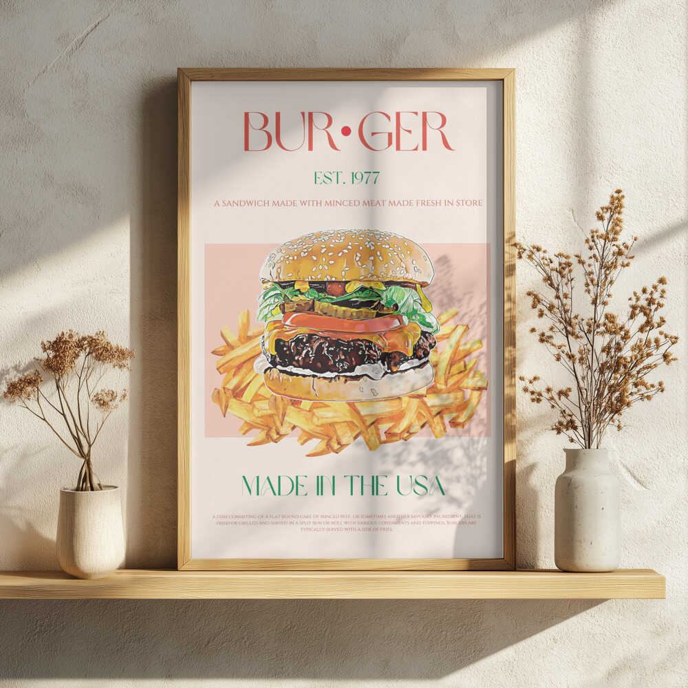 Classic American Burger Art Print UK — Vintage Vibrant Wall Art — Kitchen — Wall It All Prints