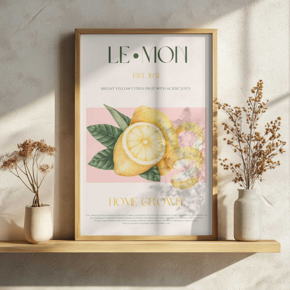 Vintage Style Sliced Lemon With Leaves Art Print UK — Botanical Vibrant Wall Art — Kitchen — Wall It All Prints