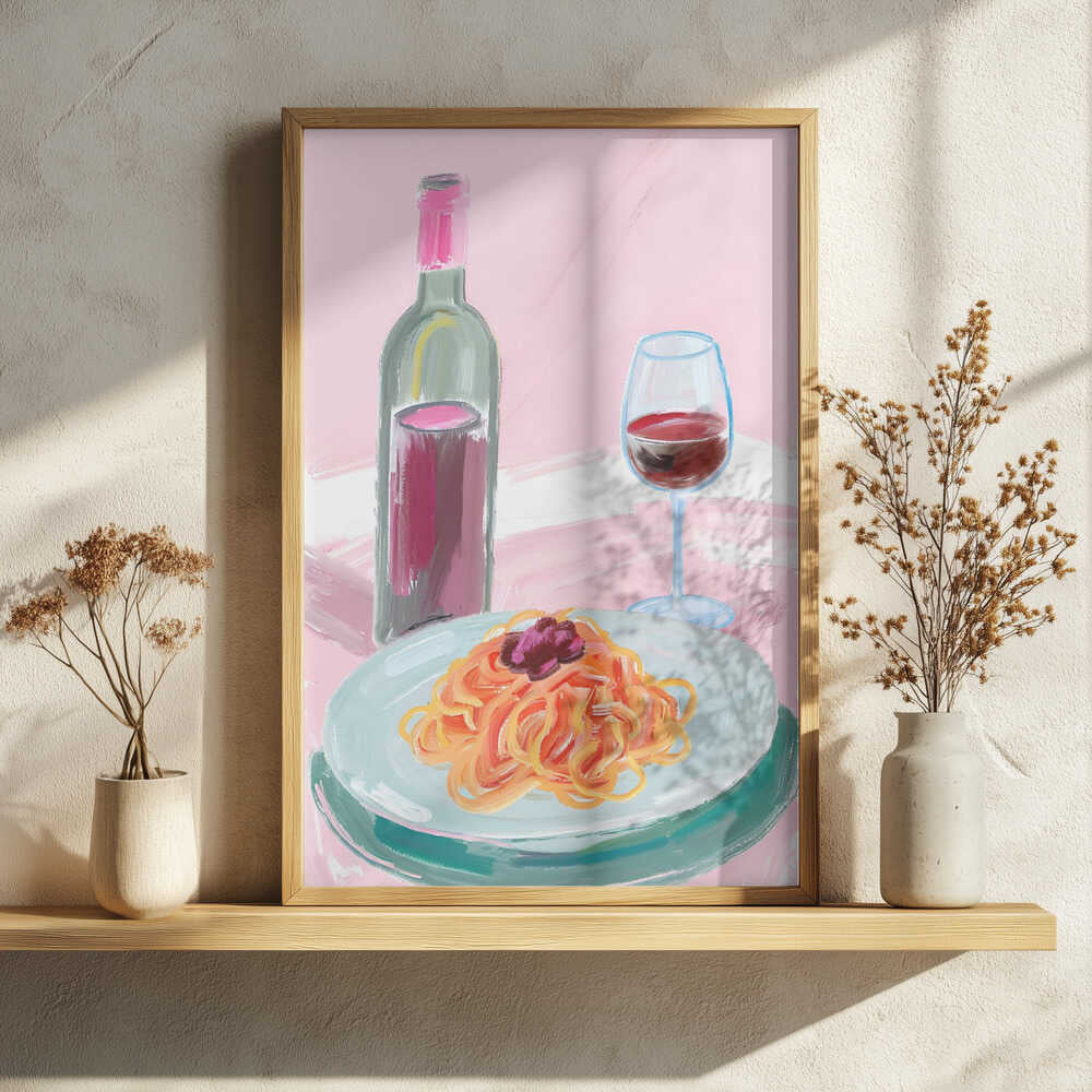 Spaghetti and Red Wine Art Print UK — Food Vibrant Wall Art — Kitchen — Wall It All Prints
