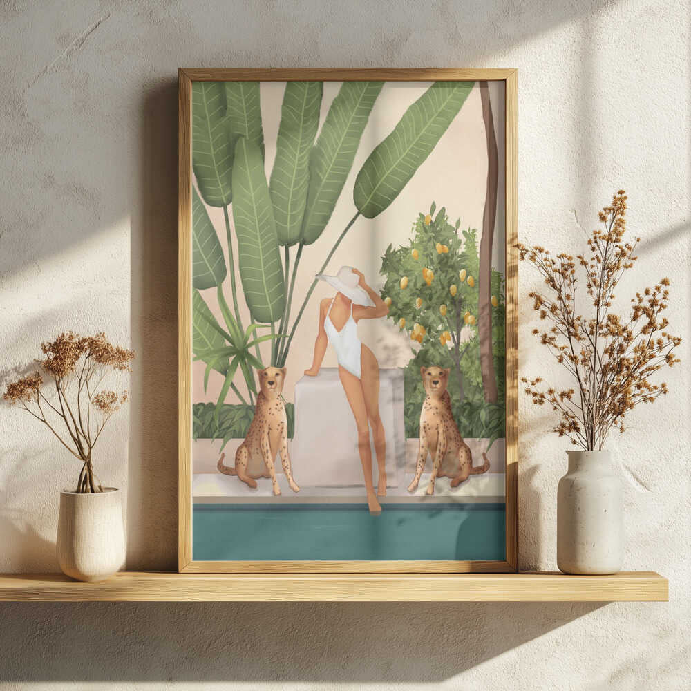 Tropical Woman and Cheetahs Art Print UK — Botanical Calm Wall Art — Kitchen — Wall It All Prints