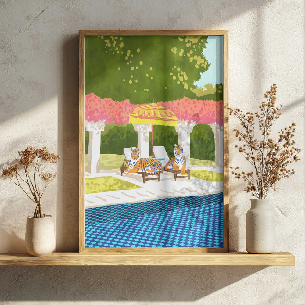 Luxurious Poolside Tigers Art Print UK — Botanical Vibrant Wall Art — Living Room — Wall It All Prints