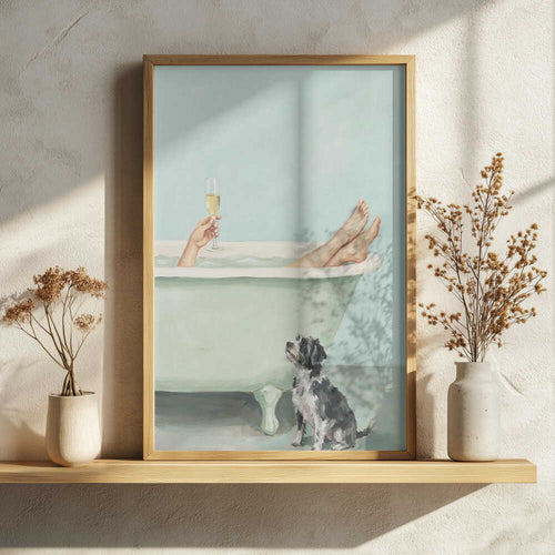 Bath Time Champagne Dog Art Print UK — Portrait Calm Wall Art — Bedroom — Wall It All Prints