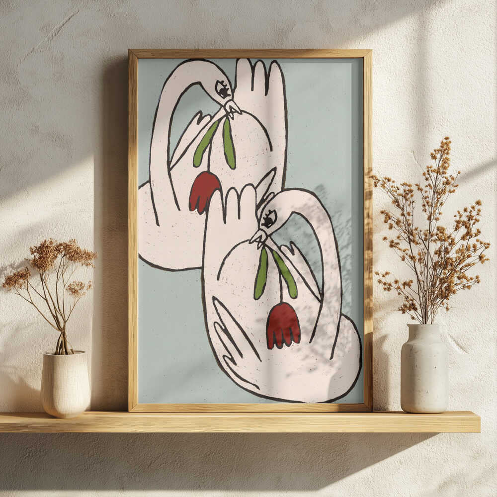 Loving Swans with Flowers Art Print UK — Botanical Calm Wall Art — Living Room — Wall It All Prints
