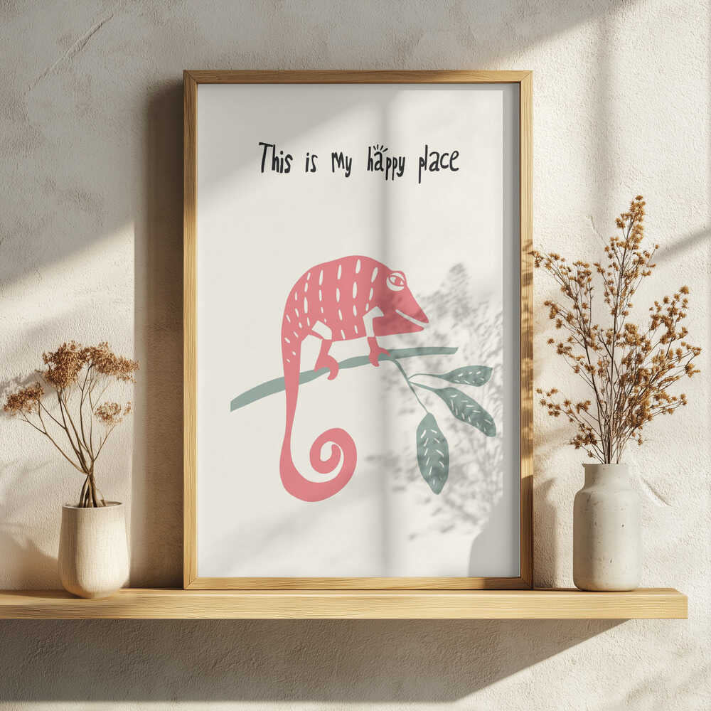 Pink Chameleon Happy Place Art Print UK — Animal Fresh Wall Art — Nursery — Wall It All Prints