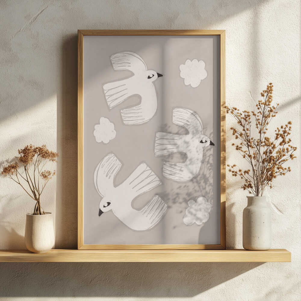 Peaceful White Birds Flying Art Print UK — Abstract Calm Wall Art — Bedroom — Wall It All Prints