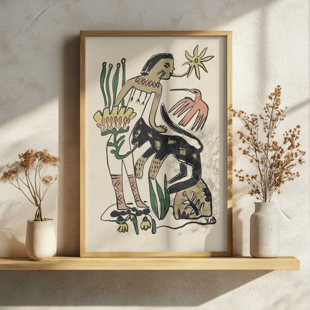Folk Figure and Panther Art Print UK — Botanical Dark Wall Art — Living Room — Wall It All Prints