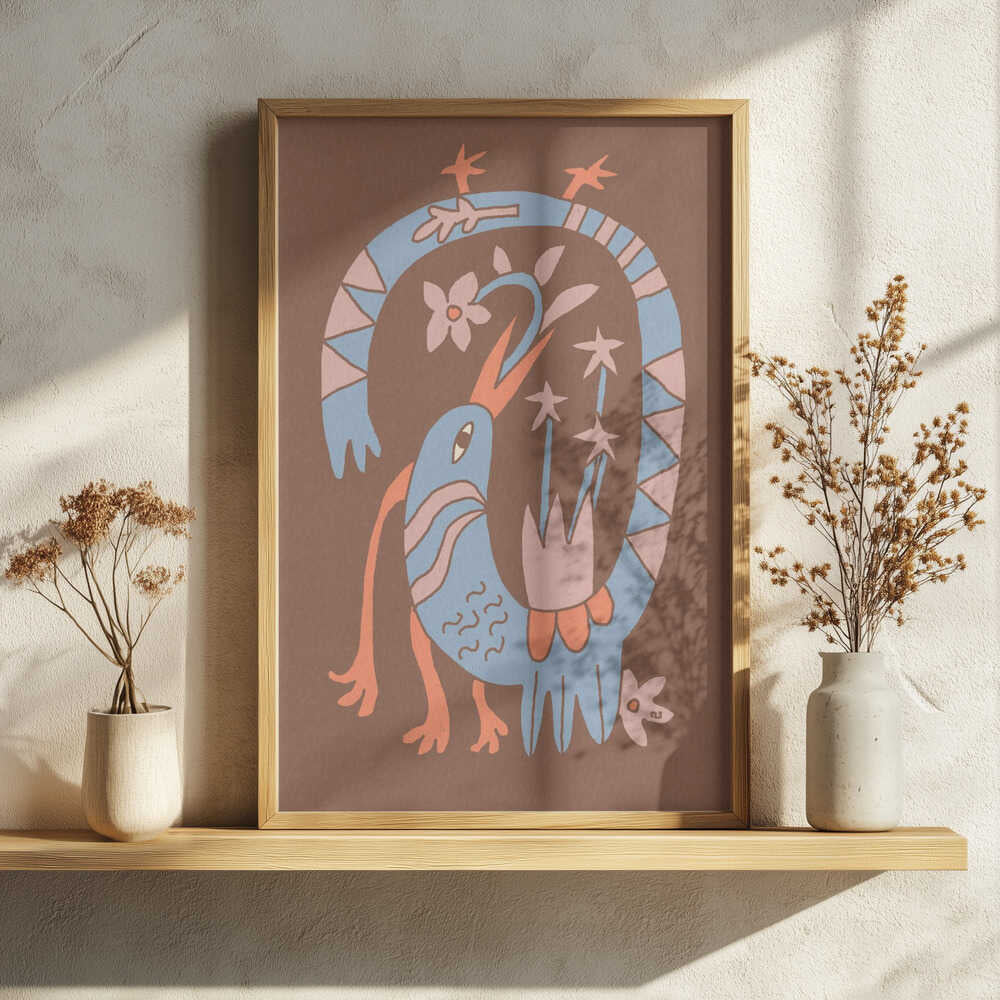 Whimsical Folk Bird Art Print UK — Botanical Warm Wall Art — Living Room — Wall It All Prints
