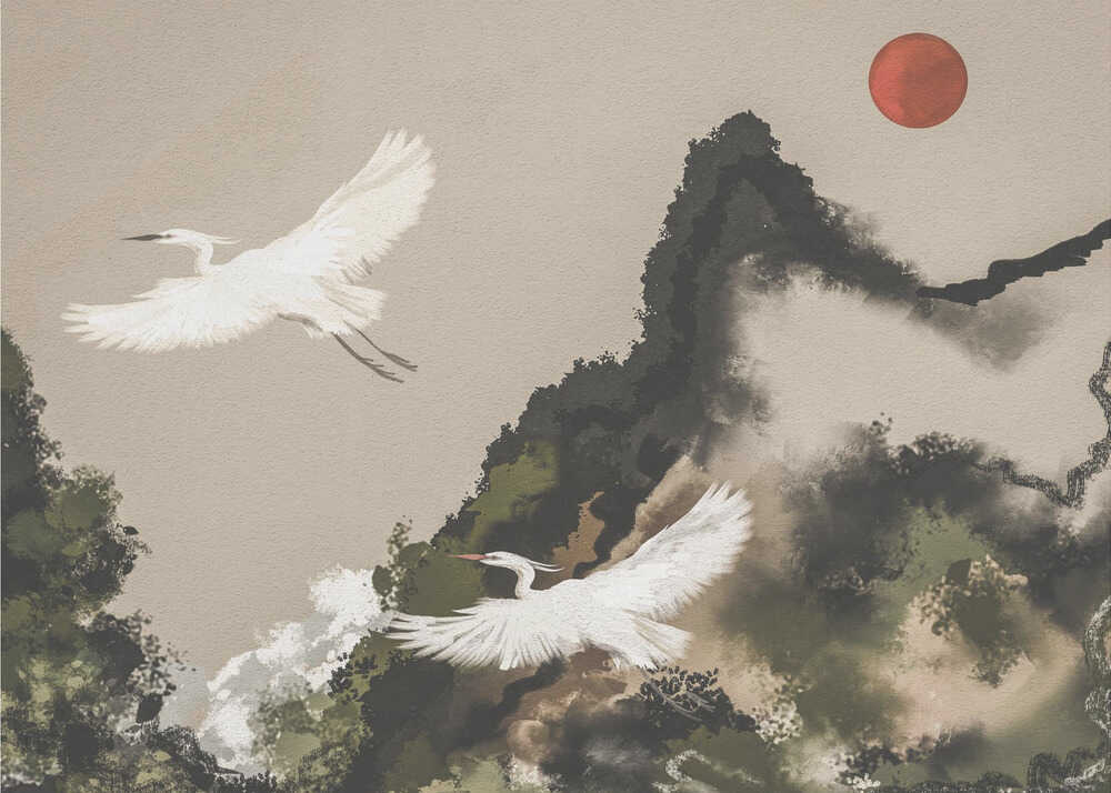 Red Sun Egret Flight Art Print UK — Japanese Calm Wall Art — Office — Wall It All Prints