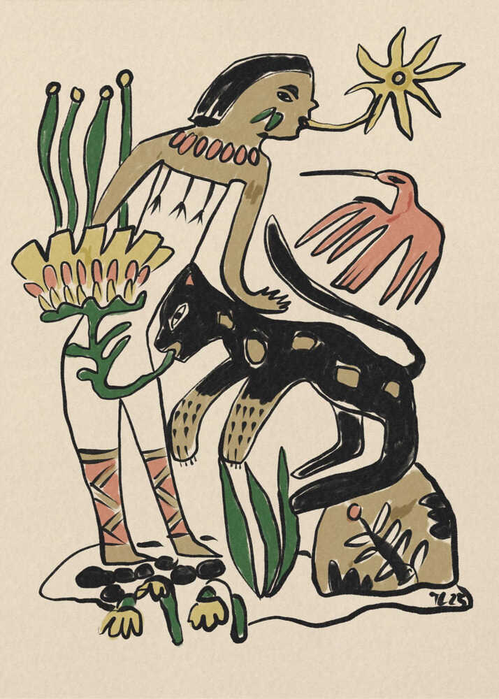 Folk Figure and Panther Art Print UK — Botanical Dark Wall Art — Living Room — Wall It All Prints