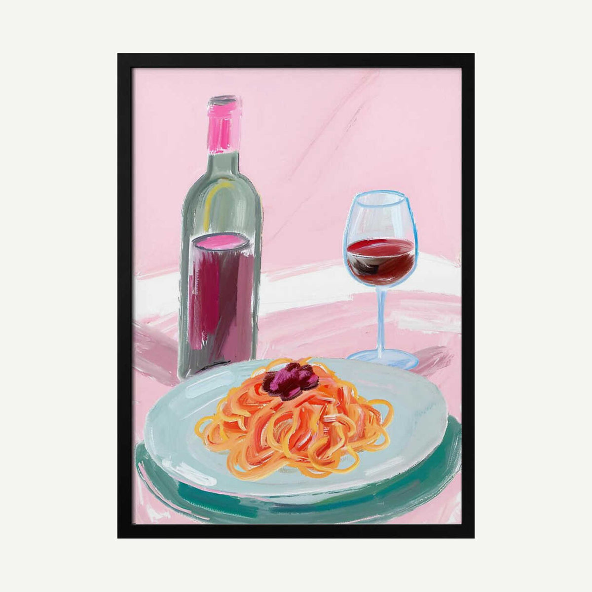 Spaghetti and Red Wine Art Print UK — Food Vibrant Wall Art — Kitchen — Wall It All Prints